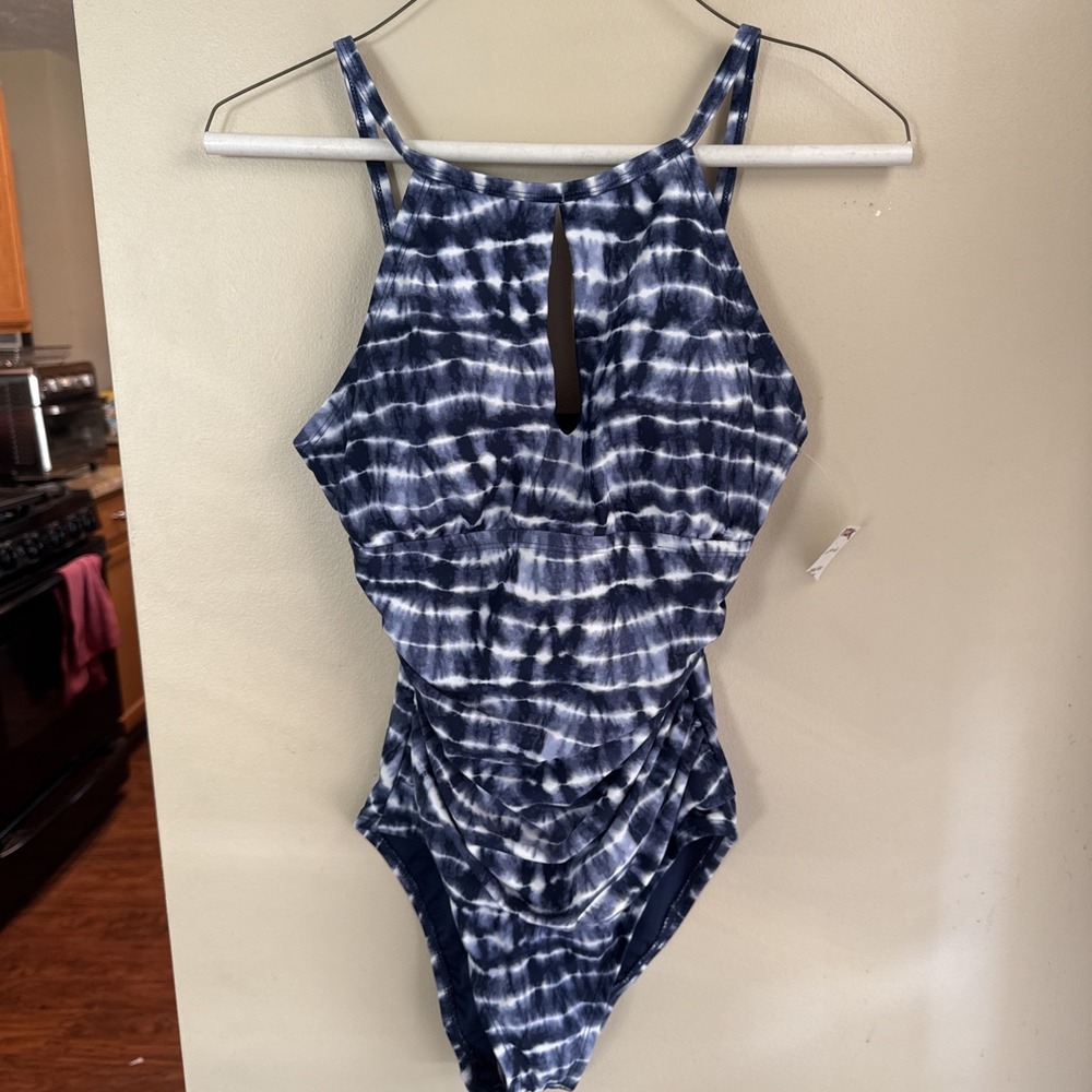 ELLEN TRACY Women's Size 8 One Piece Swimsuit Cutout Blue White Swim NWT